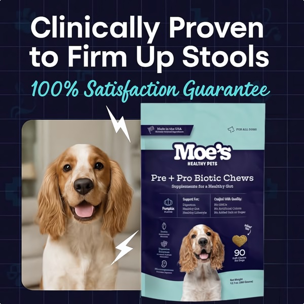 A square-format static ad highlighting a clinical claim for dog digestive supplements using a direct benefit-led layout.